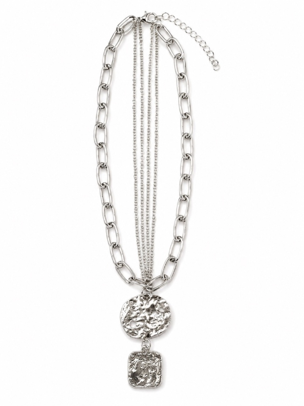 Silver-Tone 3 Layered Hammered Pendant Necklace
